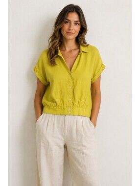 Marc New York Jeans Linen Blend Yellow Button Front Short Sleeve Blouse Shirt XL
